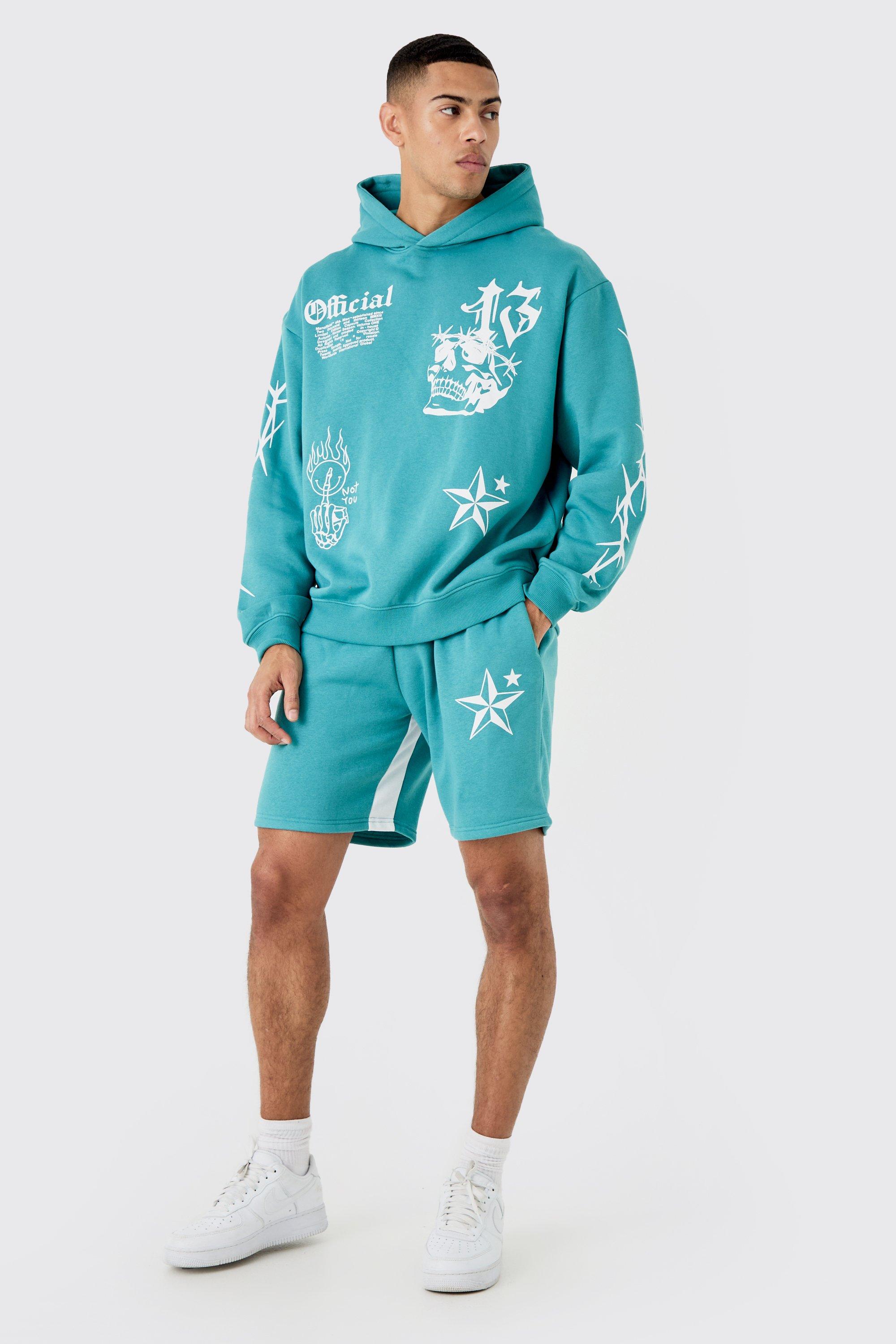 Mens Blue Oversized Graffiti Hoodie Short Tracksuit, Blue